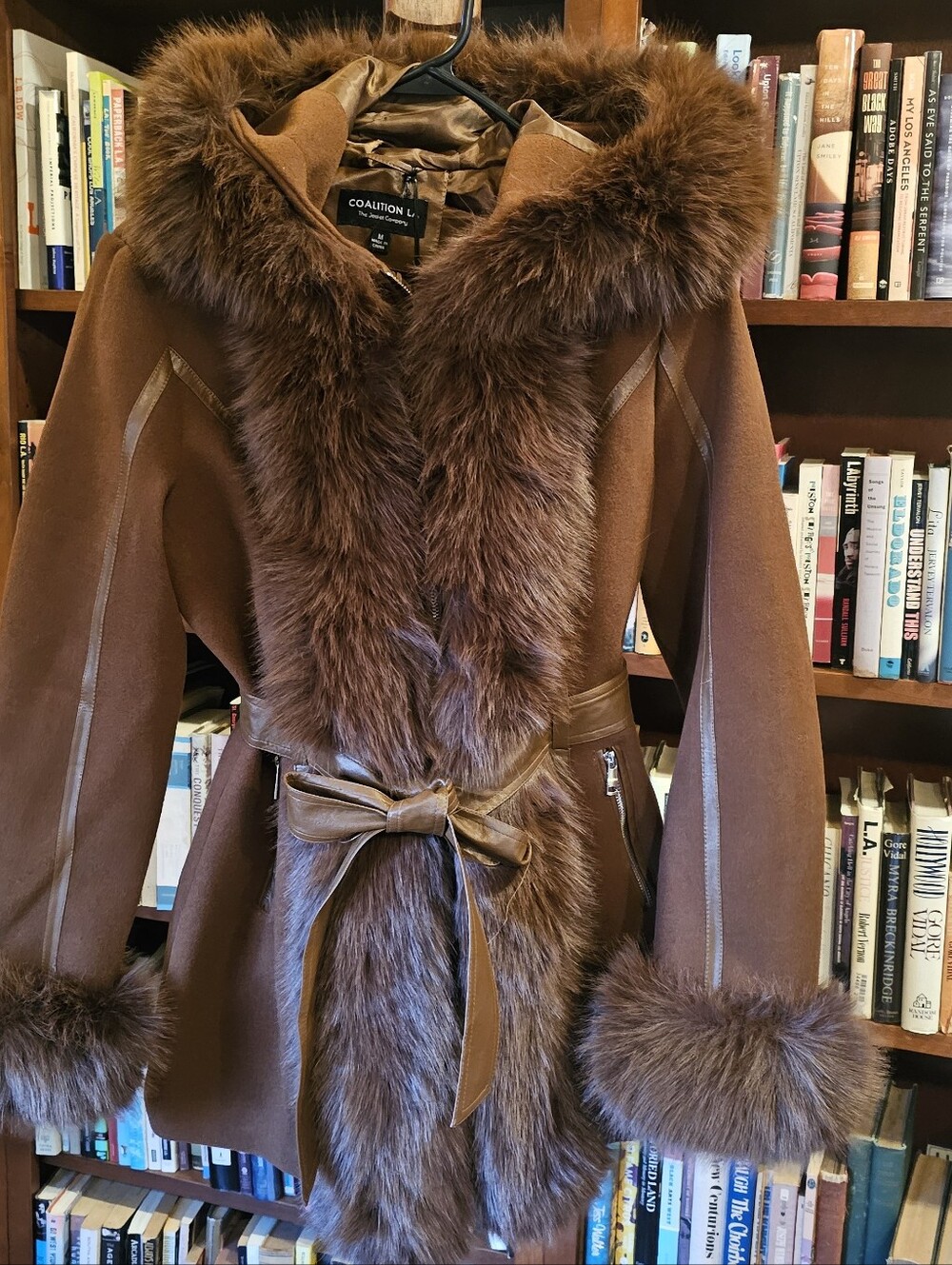 Women's Brown Faux-Shearling Hooded Teddy Jacket with Fur Trim